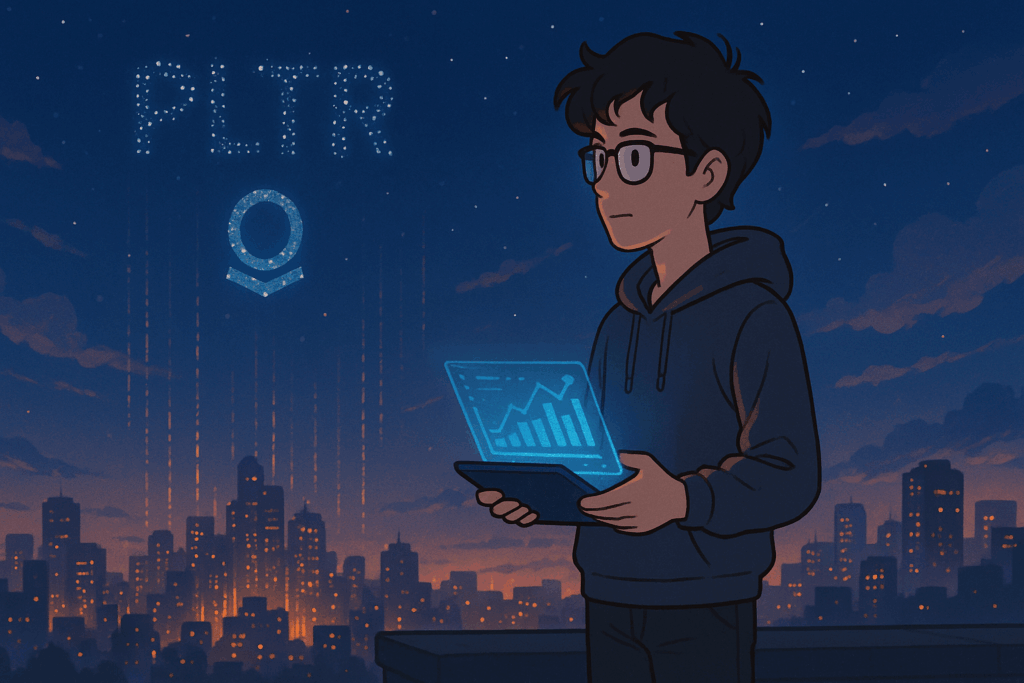 Ghibli-style cartoon of a young tech entrepreneur on a rooftop at dusk with PLTR and Palantir logo in sky.