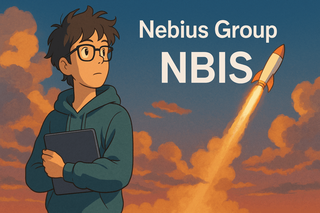 Ghibli-style cartoon of a young entrepreneur watching a rocket launch with "Nebius Group" and "NBIS" in the sky.