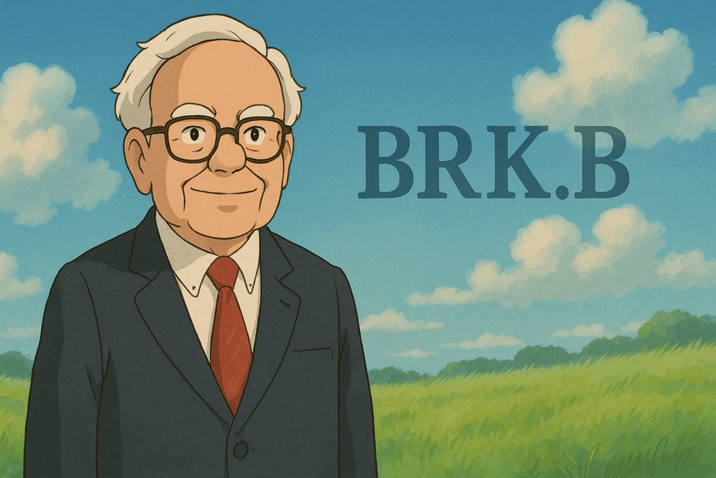 Cartoon of Warren Buffet standing in a grassy field with "BRK.B" in the sky